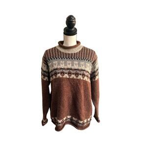 Women’s Rollneck Sweater L Brown Fair Isle Wool Blend Chunky Knit Heritage Style